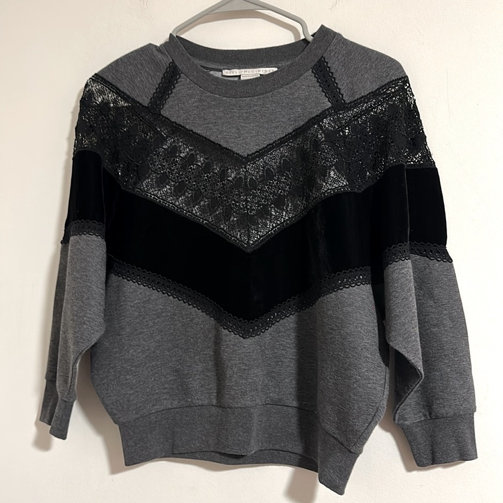Stella McCartney Gray velvet mesh lace trim detail crewneck sweatshirt size 36